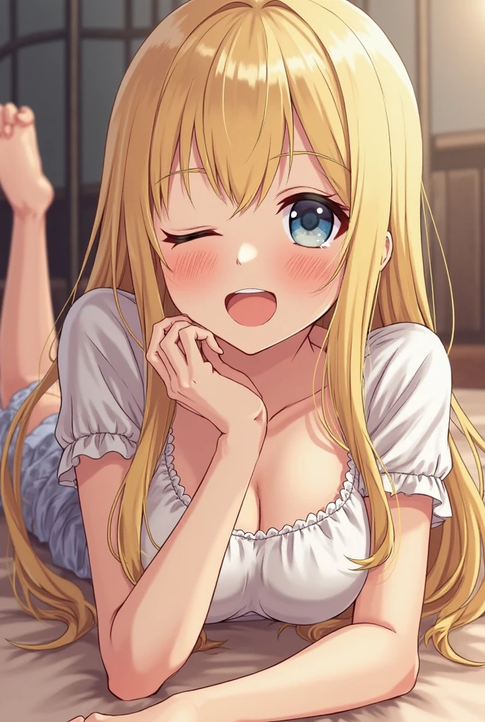 (masterpiece), best quality, (((ultra detailed, 8k quality))), ((tears)), crying, scene, blonde hair, (sad), thighs, colorful room, in bed, (tongue sticking out), drooling, sweaty face, ((open mouth)), on the floor, looking up, pink frilly top