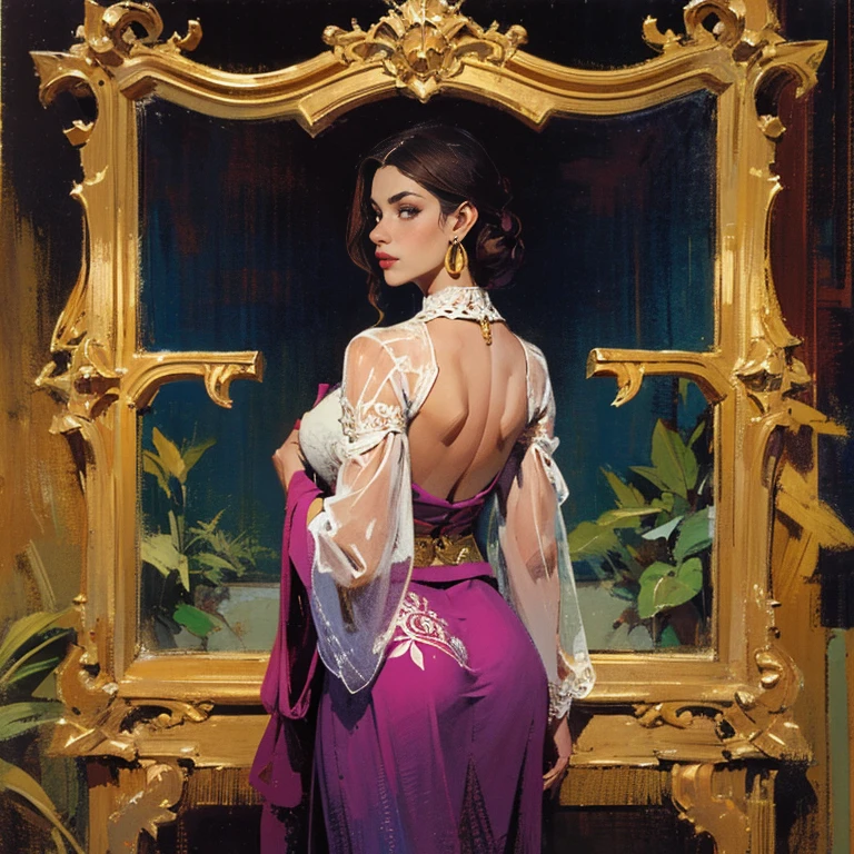 painting of a woman in a sari looking at herself in a mirror, inspired by Raja Ravi Varma, with a mirror, dressed in a sari, oil on canvas painting, admiring her own reflection, inspired by Sudip Roy, fully clothed. painting of sexy, oil painting on canvas, inspired by T. K. Padmini, fine art oil painting, sensual painting