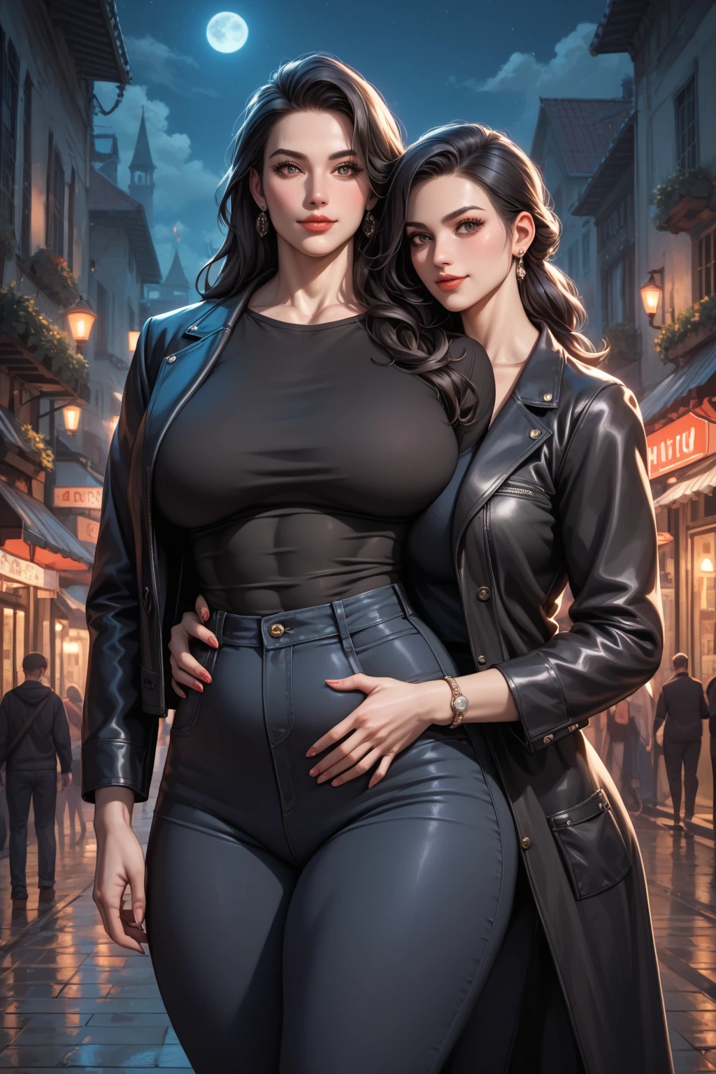 thick outlines, (vibrant shadows), deep shadows, detailed eyes, full height, (high quality), high detailed background, (realistic shadows), HD shadows, masterpiece, high detailed face, high detailed finger, older girl, ((megane)), (((dark blue hair))), ((ahoge)), (yellow eyes), ((disheveled hair)), ((short hair)), (((skinny body))), (slim waist), ((narrow hips)), skinny legs, (slender legs), medium breast, 2 girl, ((identical twins)), (twins), ((yuri)), (realistic style), curvy, busines suit, naked jacket, thight pants, thight jacket, (detailed), two tomboys, cityscape, (kissing:1.2) 