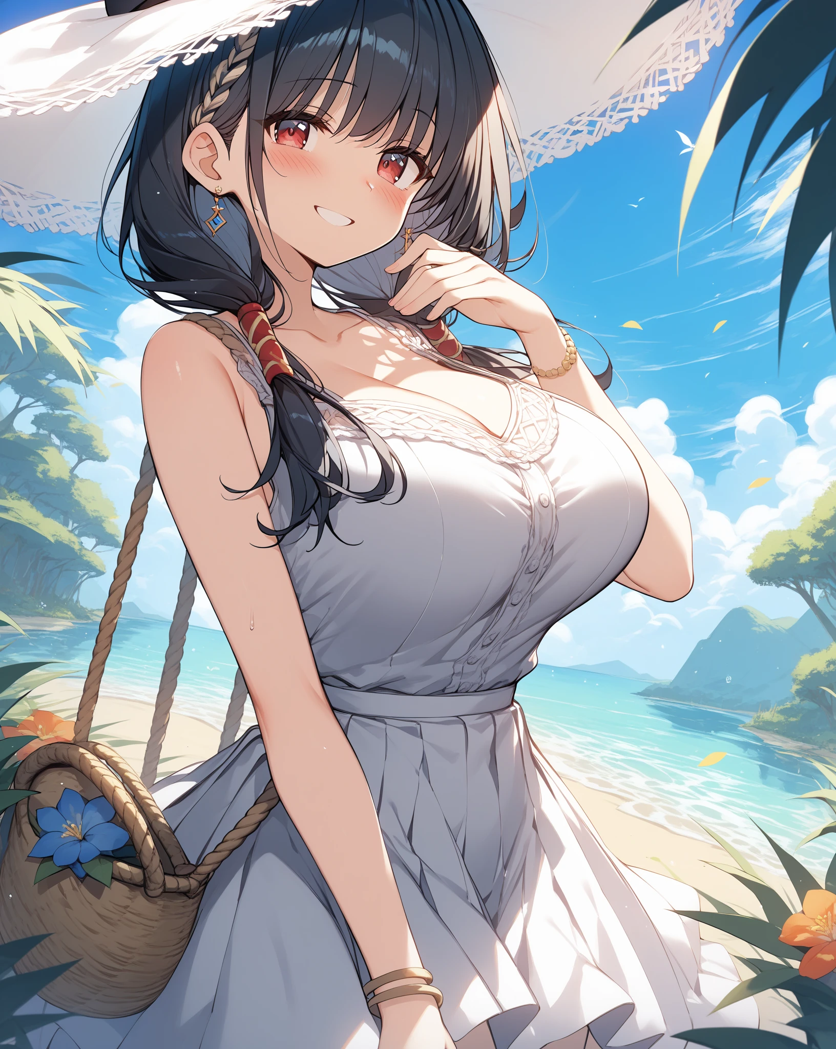 1girl, solo, long hair, breasts, looking at viewer, blush, smile, bangs, large breasts, black hair, red eyes, thighhighs, hat, dress, cleavage, bare shoulders, jewelry, closed mouth, standing, collarbone, thighs, earrings, outdoors, sky, sleeveless, day, white dress, arm up, bracelet, tree, bare arms, sleeveless dress, fishnets, sun hat, straw hat, sundress, hand on own thigh, fishnet thighhighs, halter dress