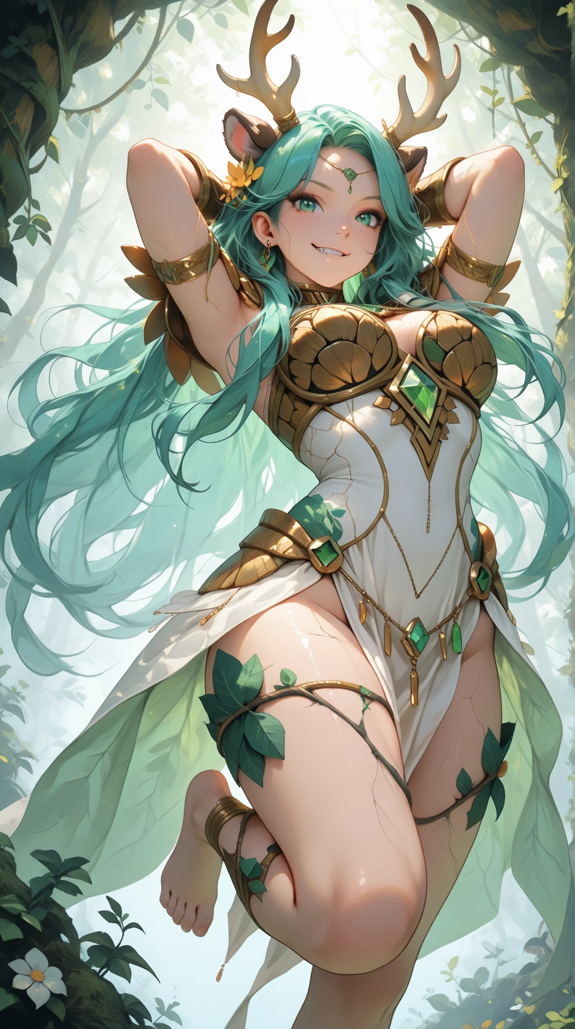 (best quality,4k,8k,highres,masterpiece:1.2), ultra-detailed, realistic, naked sexy dragon woman with green glittering scales, skin is glittering emerald green scales, medium length wavy green hair, very playful but mischievous smile, huge tits, gigantic breasts, naked, nude, detailed crotch, detailed vulva, detailed pussy, sexy pose, spread legs, spread pussy lips, playful, bi-coloured eyes, heterochromia, lustful