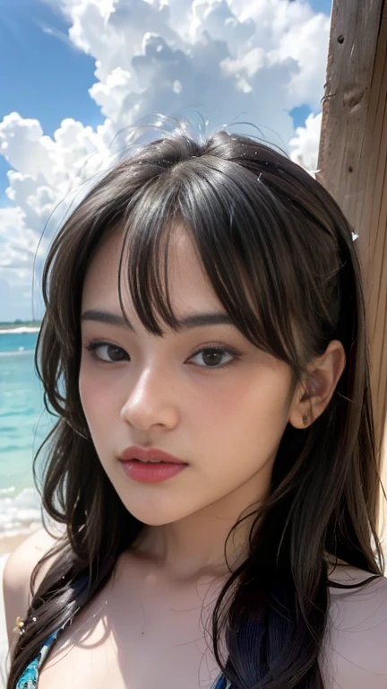 Sexy Big 、A cute 20-year-old girl with a sexy and cute look, beautiful and sexy face、A strong wind blows my hair in front of my face、With straight blonde hair、beautiful, Cute and sexy eyes hidden behind long bangs