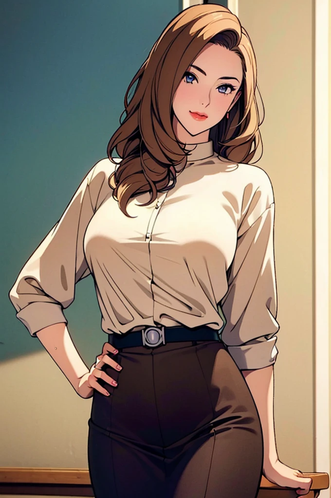 1girl, entering the door of the house French braid, brown and curly hair, olhos negros, olhos brilhantes, com uma blusa de gola alta, a pair of white alfrataia pants, uma bota preta, um sobretudo preto, a necklace around your neck