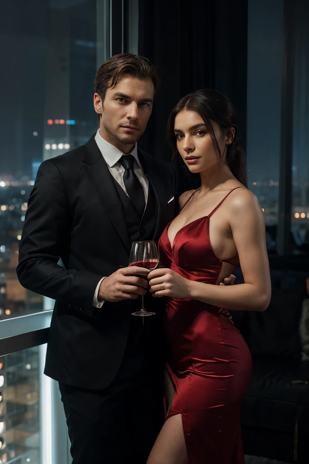 A beautiful and robust velvety red rose with a bottle of champagne on a mysterious moonlit night