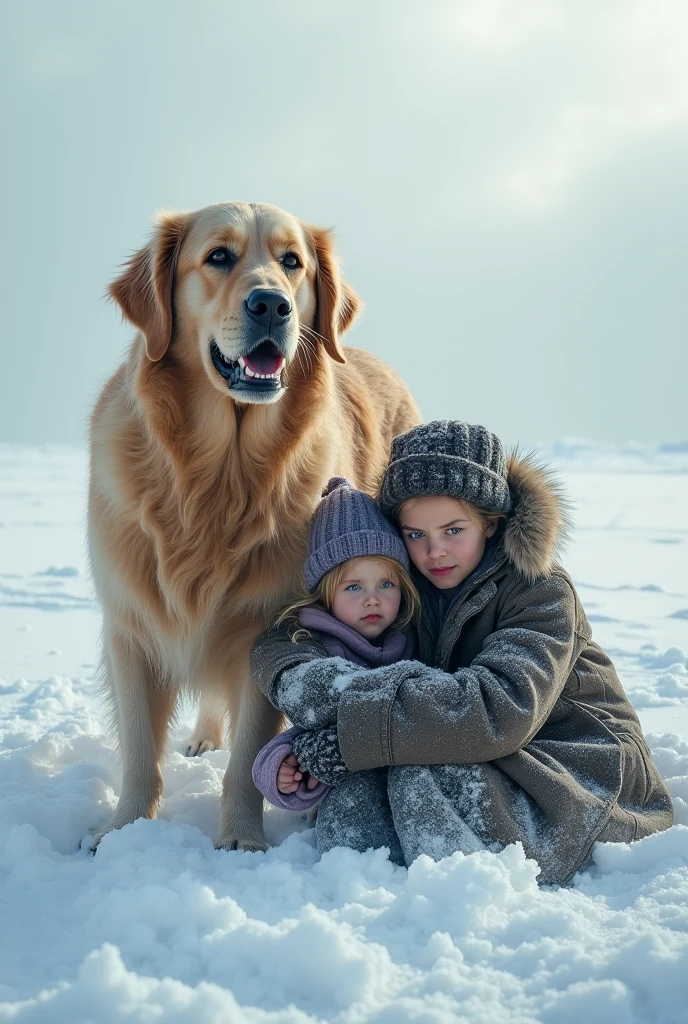 sentado em uma colina nevada com um cachorro branco CHILD GIRL BLONDE LONG HAIR , nas montanhas de neve,