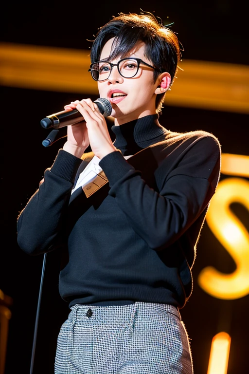 1man, solo, (Andrew thomas huang, neat muscular, oval face, bulge:1.2 ,(eyeglasses), shirtless, black short shorts, singing), 1hand holding microphone, living room, karaoke