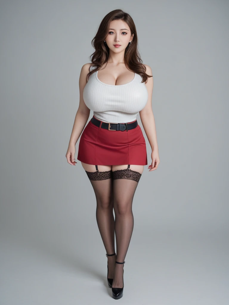 BREAK score_9, score_8_up, score_7_up, score_6_up, realistic, multiple views/angles BREAK (Front view), (Lara Croft) standing in snow. dry see-through red croptop, black tight micro-skirt, black stockings, garters. Beautiful face. Perfect anatomy. Arms by her side, cleavage, (huge natural breasts) ((braless) covered nipples), toned thighs. smiling happily, detailed ((perfect face)), sharp focus, multiple views/angles front view and rear view