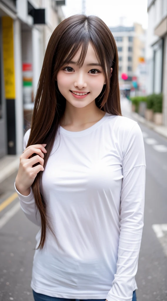 ((masterpiece)), ((best quality)), ((ultra-detailed)),((hyperrealistic)),(japanese cute girl),(shiny skin),1girl,(forehead),black hair,long hair,(black big eyes,tareme,droopy eyes),(small breasts),15 years old,dynamic angle,neat and clean,(white t-shirt,open stance),cityroad,arms behind back,smile,In a daze,miniskirt,