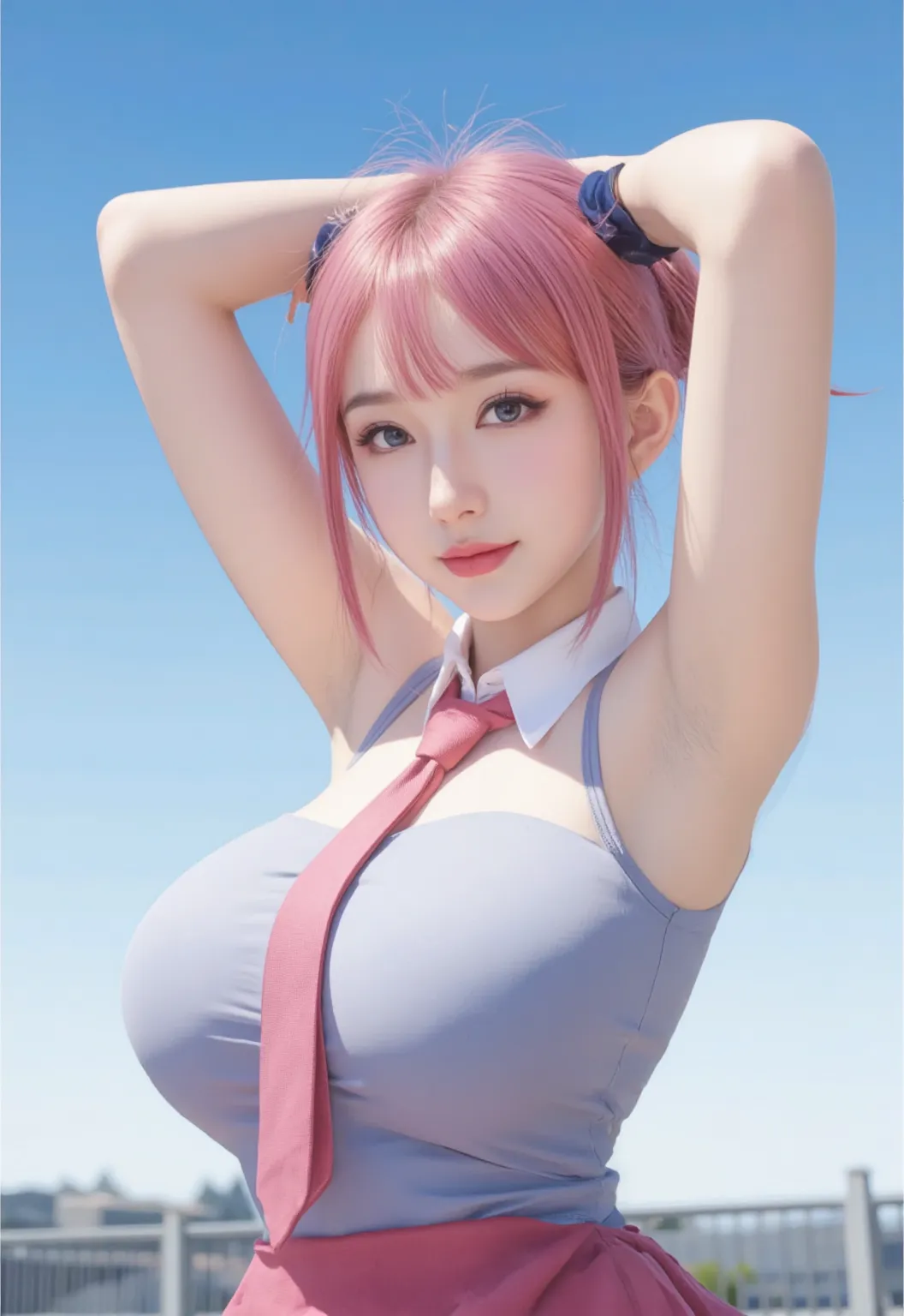 Adorable , Gorgeous , Beautiful , Russian Baby Face , (Large Breasts) , 30 Years Old , White Skin , Bunny Cosplay Suit (nude, show breast) ,(very sweaty body, arms up, sweet armpits, detailed armpits), , Front Facing , Potrait , on a night clubbing room , Wind , ((Muscles:1.5)) , Long Hair Bangs (tied hair) , Blue Eye , ((Pink-Blue Pastel Coloured)) , ((Night:1.3)) , sitting , HDR , Ultra Detailed , EF 24-70mm f/2.8L II USM