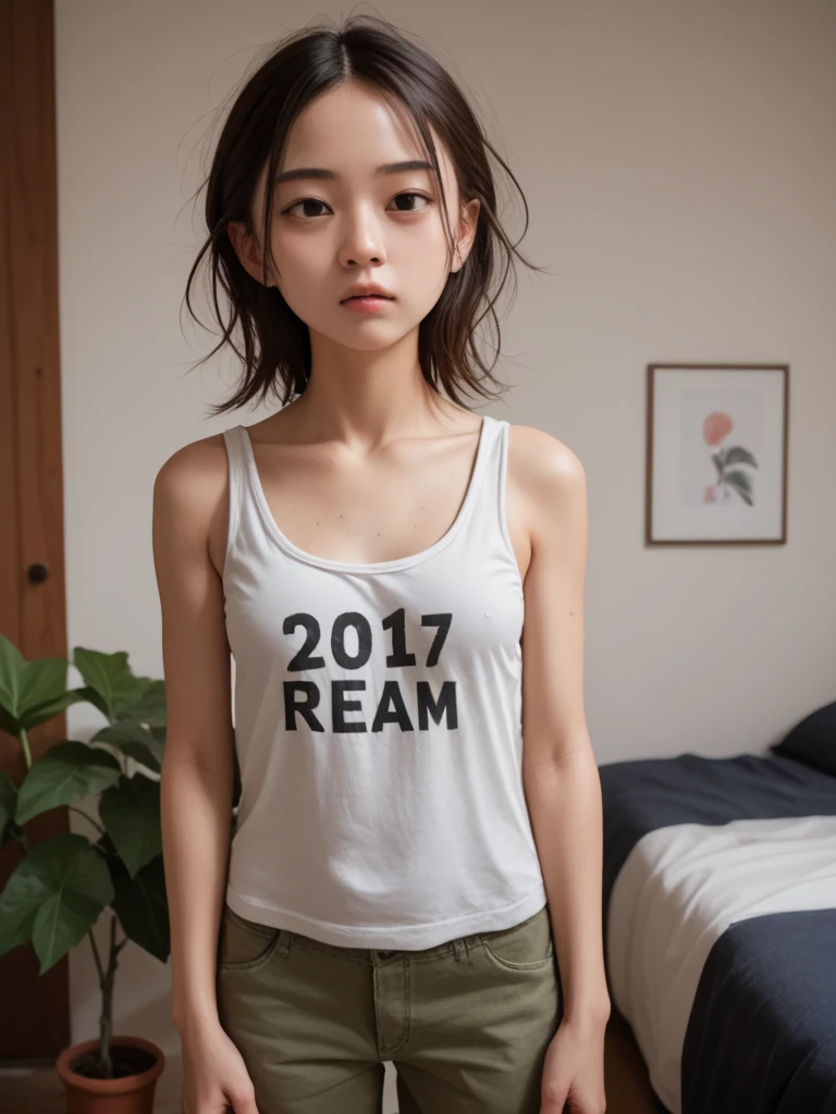 22 year old woman, Asian, (t-shirt), blindfolded, blfold, bow ((panties)), navel, looking_at_viewer, pntyad, bed, bedroom, perfect face, ((contact iris)), good aesthetic, good quality, good contrast, good blur, good noise, photorealistic, photo, skin pores, 8k, bokeh