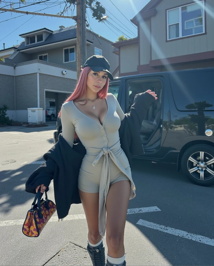 RAW, Best quality, high resolution, masterpiece: 1.3), beautiful Malay woman in hijab,Masterpiece, perfect fit body, big breast, ((arrogant face, evil face)), thick thighs, muslim of a woman, luxury and glamour style, rich and shiny, wearing all fashionable ((pink jacket)) and boots, very stylish with sunglasses on head, bra , glamour bag, Excellent lighting, Bright colors, Clean lines, Full body. Seductive pose in public, naughty pose, ((naughty pose with)),standing with suitcase in airport background