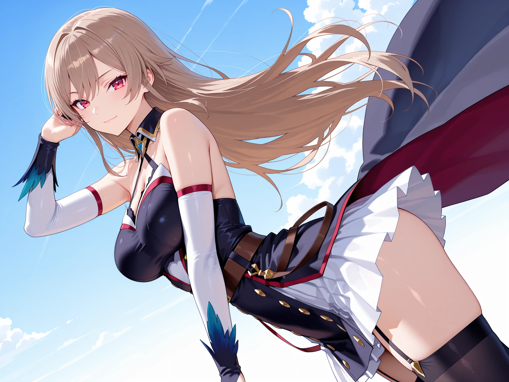 (6+ girls, fluttering skirt, skirt lift, self lift, white underwear:1.1), Big breast, kind smile, sweetlip, black outfit, navel, white thighhighs, gloves, from below, scenery, wide shot, distant view
