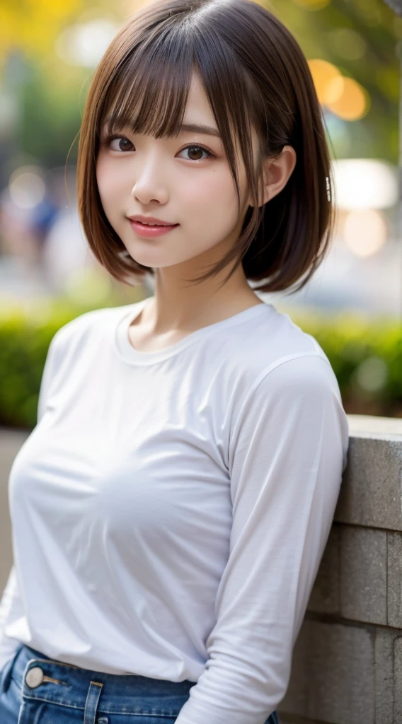 (RAW photo:1.2),(photorealistic:1.6),(masterpiece:1.3),(best quality:1.4), HI-RES, HDR, (intricate details:1.6), 1girl,(whole body),(in the park),(scattered_leaves), (looking at viewer:1.4), (white casual T-shirts:1.6), (beautiful face:1.9), (detailed face:1.6), (detailed eyes:1.5), (eyelashes:1.4), (smiling:1.6), (detailed black bob hair:1.3), (large breast:1.2), <lora:VirtualGirl-Rin:0.3>