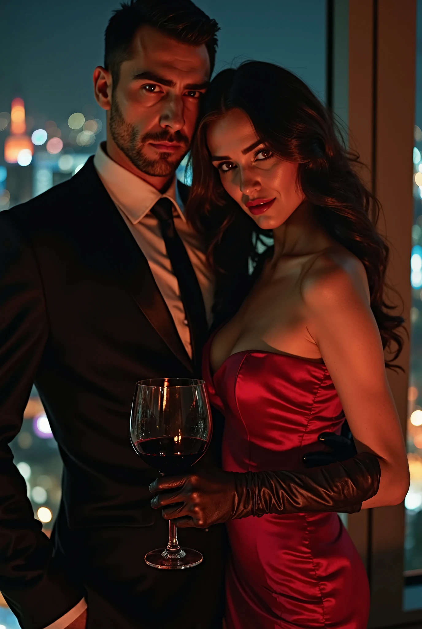 "In an exclusive lounge, dimly lit with soft jazz playing, Masaki Tanaka, age 58, a well-respected business tycoon, in a tête-à-tête with a beautiful hostess, age 22, plush velvet upholstery and mahogany setting, in a photorealistic image, cinematic style, Masaki in a perfectly tailored suit, relaxed yet commanding posture, arm around the hostess's slender waist, sharp eyes reflecting golden light, sharing a private joke, hostess in a figure-hugging dress, leaning into Masaki, atmosphere electrifying with charisma, clink of glasses, shared laughter, mutual attraction, intimate yet public setting, 50mm lens, warm and intimate lighting, high resolution 8K, capturing the essence of sophisticated flirtation and elite lifestyle (cinematic style:1.4), (sophisticated flirtation:1.3), (elite lifestyle:1.2)"