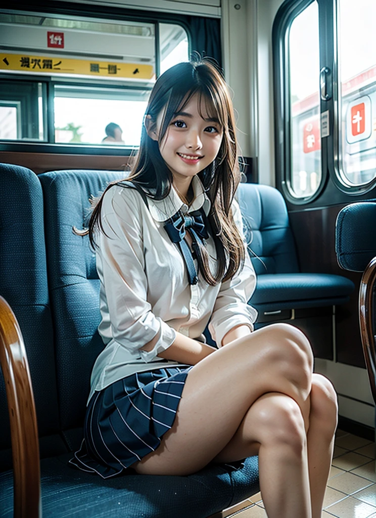 top-quality,ultra-detailliert,masterpiece,realisitic,Photo Real,Bright lighting,1 girl in, an extremely beautiful 17-year-old girl, (kawaii:1.2),Thin smile, (Brown eyes),(brown haired),(bangss),perfect glossy skin,flawless skin,((erotick,Sexy and sexually explicit)),((accurate hands without incongruity)), large full breasts,big breasts thin waist, Look at viewers,((a sailor suit)),((Short sleeve uniform white shirt)),(red necktie),(Blue Mini Pleated Skirt),(((skirt lift by yourself))),(lifted by self),(Showing panties),panties on,panties focus,((Sit up,spread legswide)), sockes, (Black knee socks),(Loafer shoes), during daytime,On the train,Horizontal long seat with your back to the window