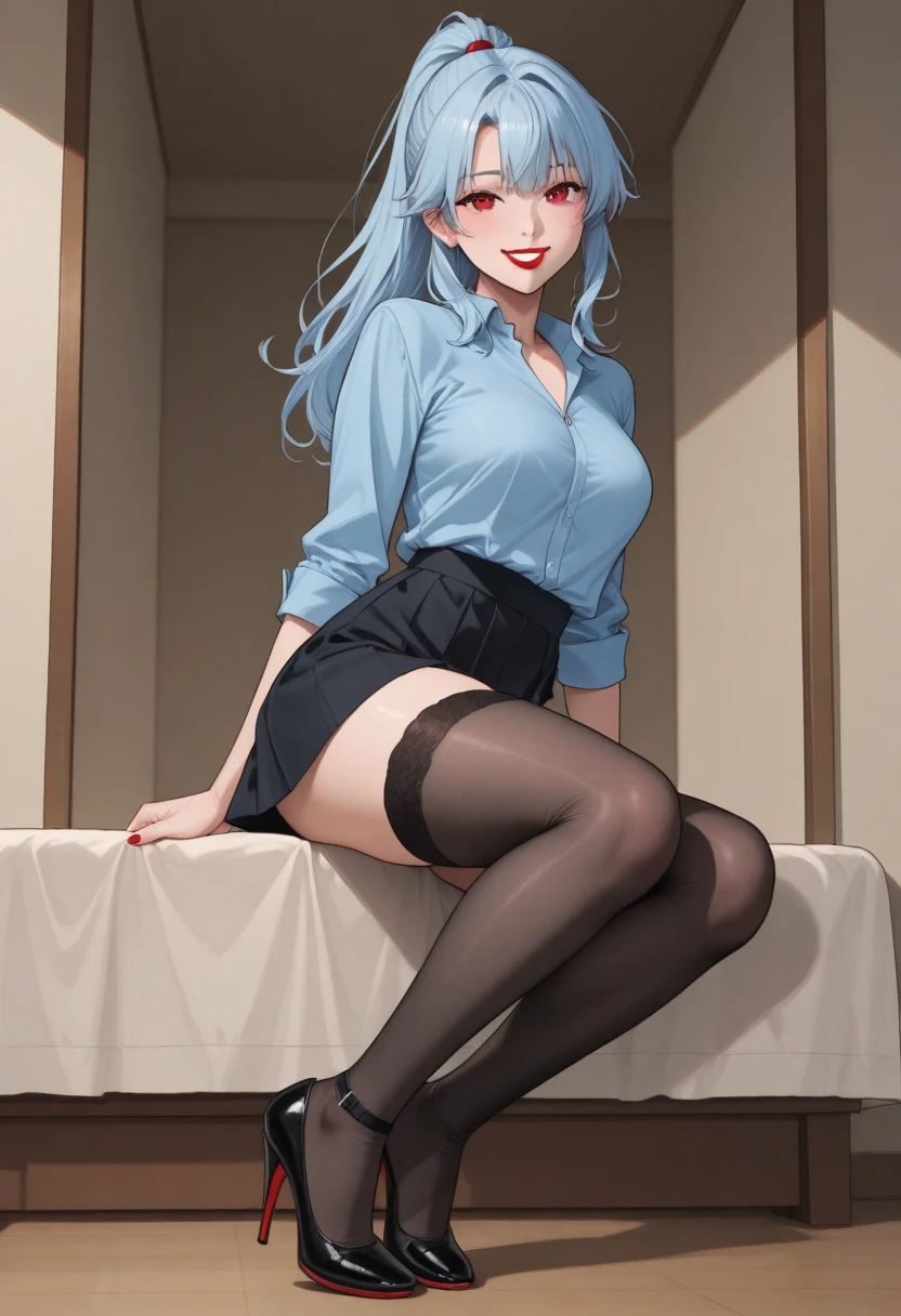 (Masterpiece), mejor caLidad, (Fondo de pantaLLa CG Unity 8k aLtamente detaLLado), antecedentes detaLLados, (Manos de Guido DanieLe: 0.5), first person perspective, 1, Beautiful human girl who is attractive and perfect, adoLescente,  (peLo Largo coLor turquesa), (peLo de coLa de cabaLLo reaL: 1.12),(turquoise eyes: 1.13), (curviLínea), piernas deLgadas, BREAK
 ((vistiendo un vestido de oficina azuL marino)), ((secretary)) L, (UGG Boots), ((black stockings)), ((neckline)), BREAK Mira aL espectador,  ÁnguLo de visión LateraL, (Sitting legs crossed), sentado en eL escritorio, sexy, caLiente, beautiful face, (blush: 0.90), (SMILE: 1.11)expressive eyes, Perfect face, peLo aguamarina, big breasts, sfw,