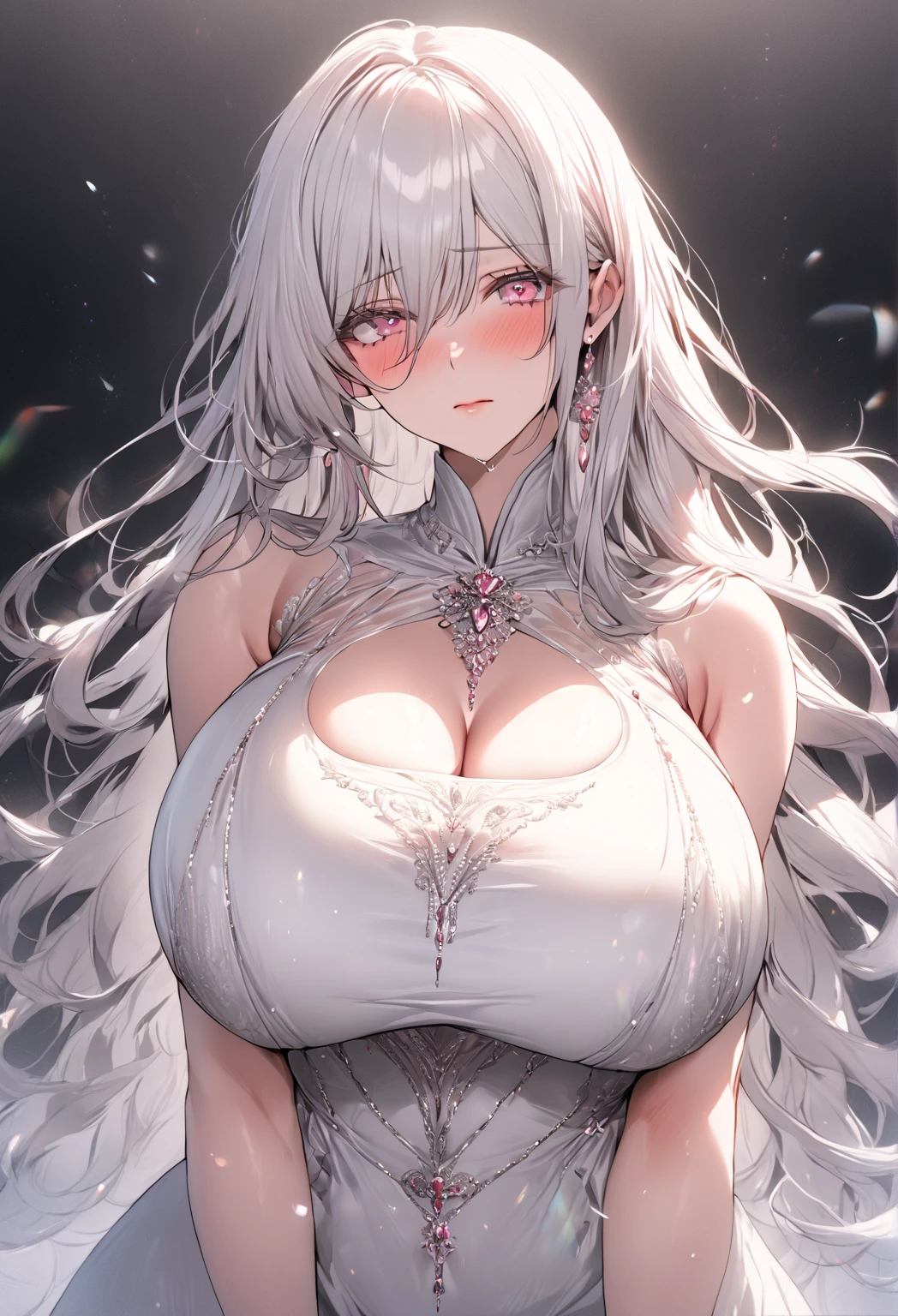 Long white hair, light red eyes, shy blush on face, big breasts, evening dress, portrait, showing breasts