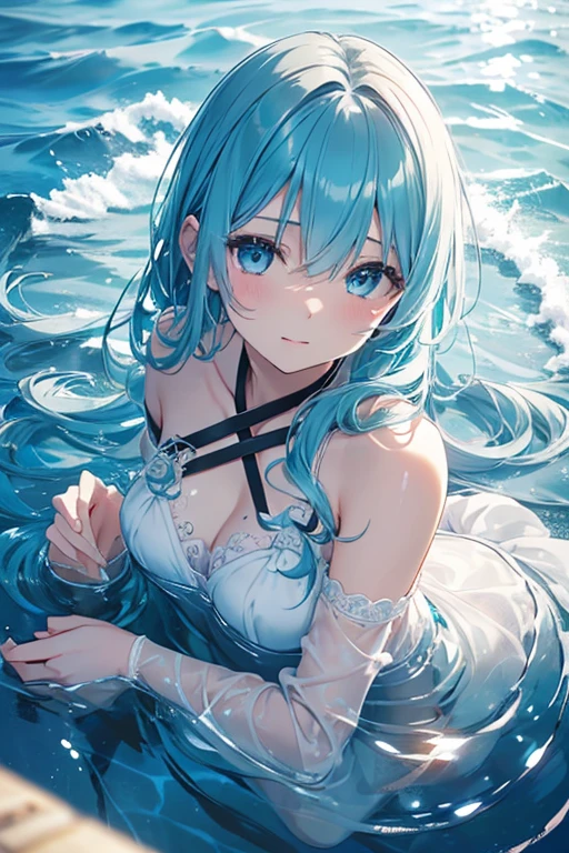 A girl with sky-blue hair wearing a military uniform, falling gracefully underwater in a blue sea, with sunlight streaming through the surface. Her hair and uniform flow gently with the water currents. Tiny bubbles rise around her, and marine life such as small fish swim nearby. The scene captures a dreamy and ethereal atmosphere with rays of sunlight creating beautiful patterns. The entire image is predominantly blue, exuding a soft, tranquil vibe. Ensure the image is high resolution, high definition, of the highest quality, and stunningly beautiful, capturing the essence of an underwater fantasy world.