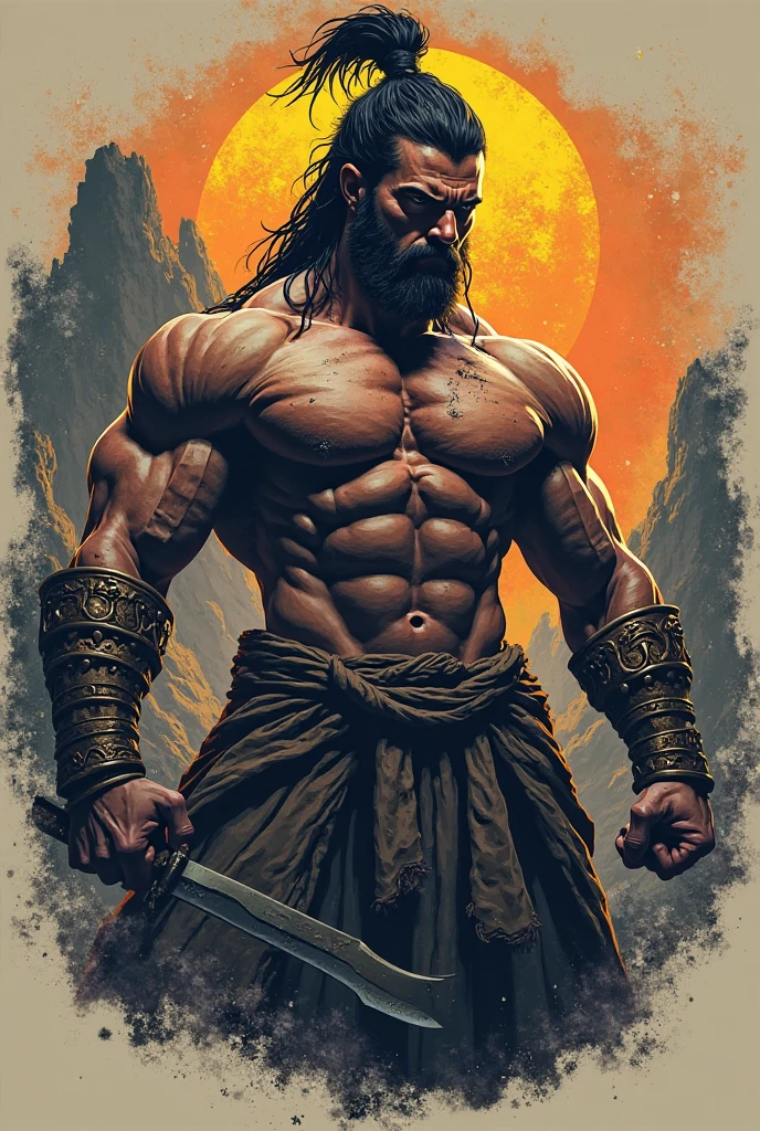 {Greek warrior}{gladiator}{ Closed clothes with only the chest shown} {huge scar on the chest}{アニメ}{scar on the right eye}{closed beard}{more scar} {アニメ} {serious face}{two blades forward rush into your arms}