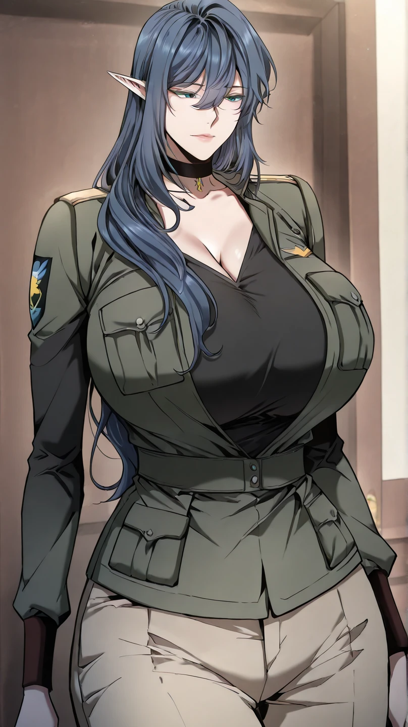 A beautiful woman with long lilac hair, big breasts, and beautiful legs is standing blushing wearing a tube top that exposes her shoulders and a miniskirt.。