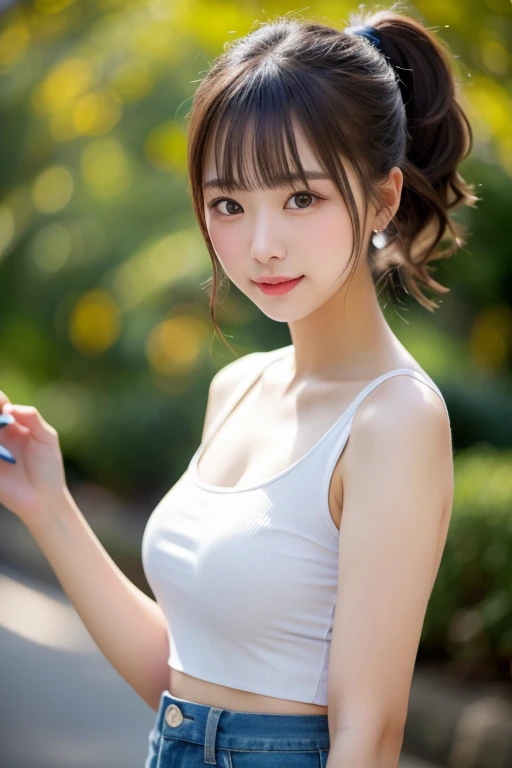 table top, highest quality, Photoreal, finely, High resolution, 8k wallpaper, perfect dynamic composition, beautiful and fine eyes, ponytail hairstyle, small breasts, random sexy poses,chest to chest、(Very Small Size Mock Neck Crop Tank Top White Knitwear)、(Breast bulge 1.2)、laughter、open your mouth、resort scenery、18 years old、(droopy eyes 1.4)、 beauty、Japanese,