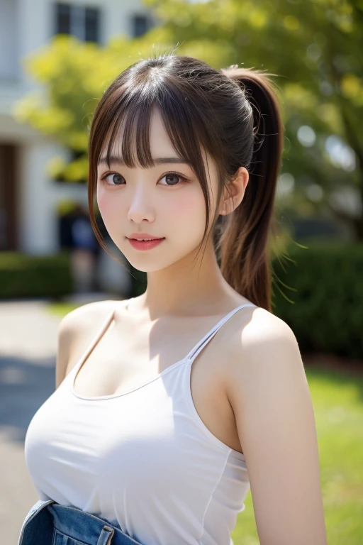 8K quality、High resolution、Realistic skin texture、High resolutionの瞳、woman、Japanese summer high school girls uniform、Princess Hair、thin、リアルなwoman性器、Small and young breasts、Realistic tongue、Beautiful cleavage、Brown Hair、thin脚、Sweating profusely、Sweat accumulates in the chest、Evening schoolyard、Shooting from the side