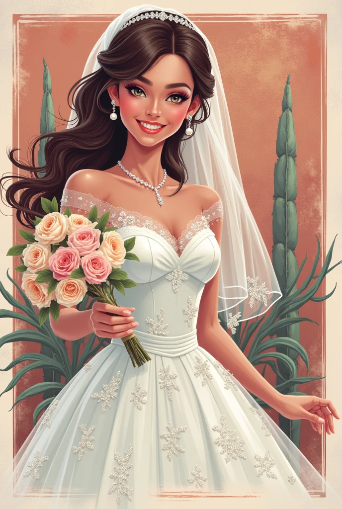 Art inspired by John Buscema, Pinup poster of a Hawaiian woman, longwavy hair, brownhair, black eyes, corpo delgado, medium breasts, new, Unclothed, YOUNG MAIDEN, pretty, attractive and seductive, standing, holding a flower necklace, fully body, isometric front view,