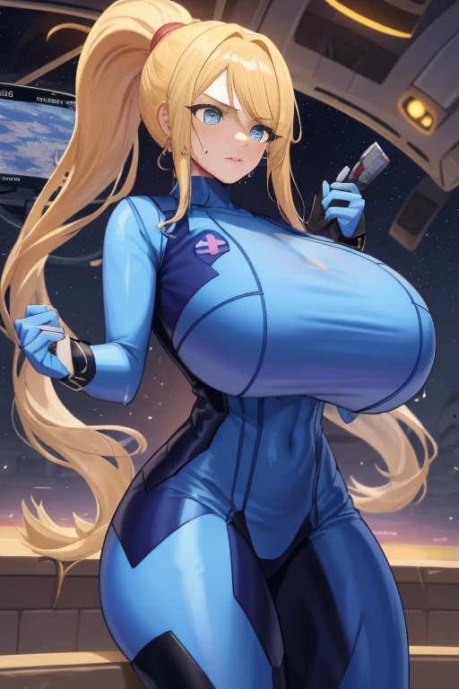 1girlemale Star Warrior,Delicate and beautiful face,blushing face,Sweat on the face,Blue pupils,The lips open slightly,HAIR LOIRO,High ponytail,Busty boobs,Convex buttocks,Dressed in a blue bodysuit,Armed with a firearm,Weapons of the future,chest close-up,perfectly proportioned,samus aran,Detailed clothing details,Liquid effects,space station,heavenly body,The metropolis of the future,High-tech scene,high quailty,masterpiece,8K,front shot, breast expansion, ((gigantic breasts)), motion_lines, ^^^, trembling, ((torn top:1.2)), BEreaction, ((deep cleavage))