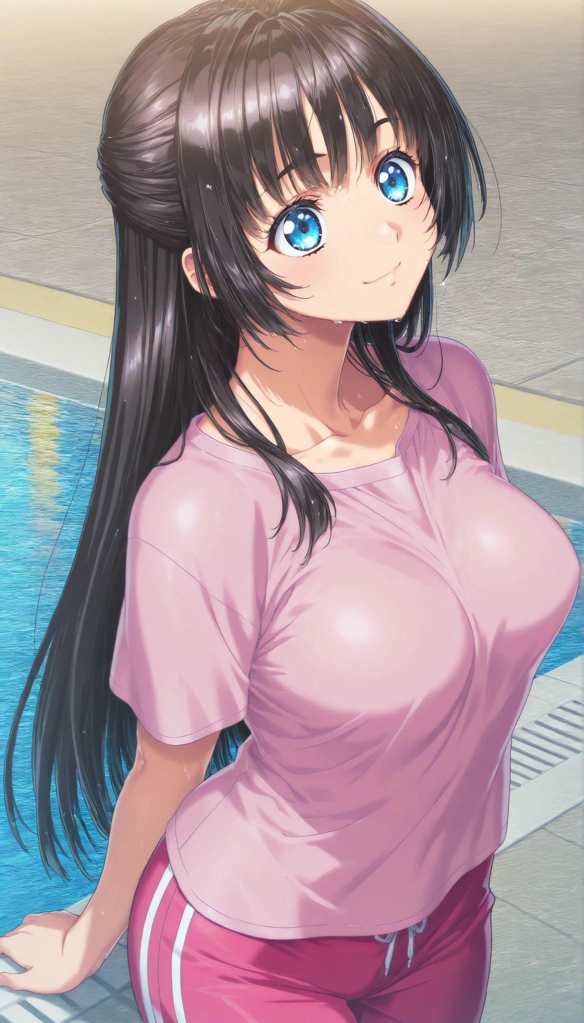 (masterpiece), best quality, (16k), expressive eyes, perfect face, teenagers, 1 girl, solo, large breast, navel, ((topless)), (((wet cobalt blue buruma))), gym uniform, bare arms, bare legs, shiny skin, wet body, outdoors, in the pool, wading, night sky, black hair, wet hair, straight middle hair, black eyes, smile, standing, (upper body), (from front),