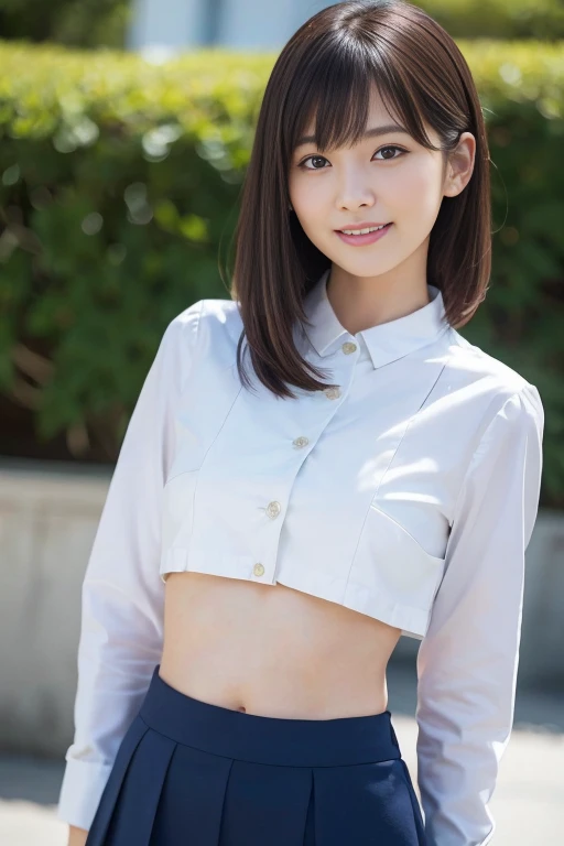 8k,Japanese,8-year-old,Innocent and innocent face,Highly detailed face,Kind eyes,,Straight Bang Hair,Hair blowing in the wind,A miniskirt that is too short、girl,cute,Summer clothes,Casual wear,Short sleeves,I can see your tummy、Her belly button is visible、Random Collar Shirt,Random Skirt,Legs wide open、In the shade,Sitting,Short black hair,Décolletage,Thighs