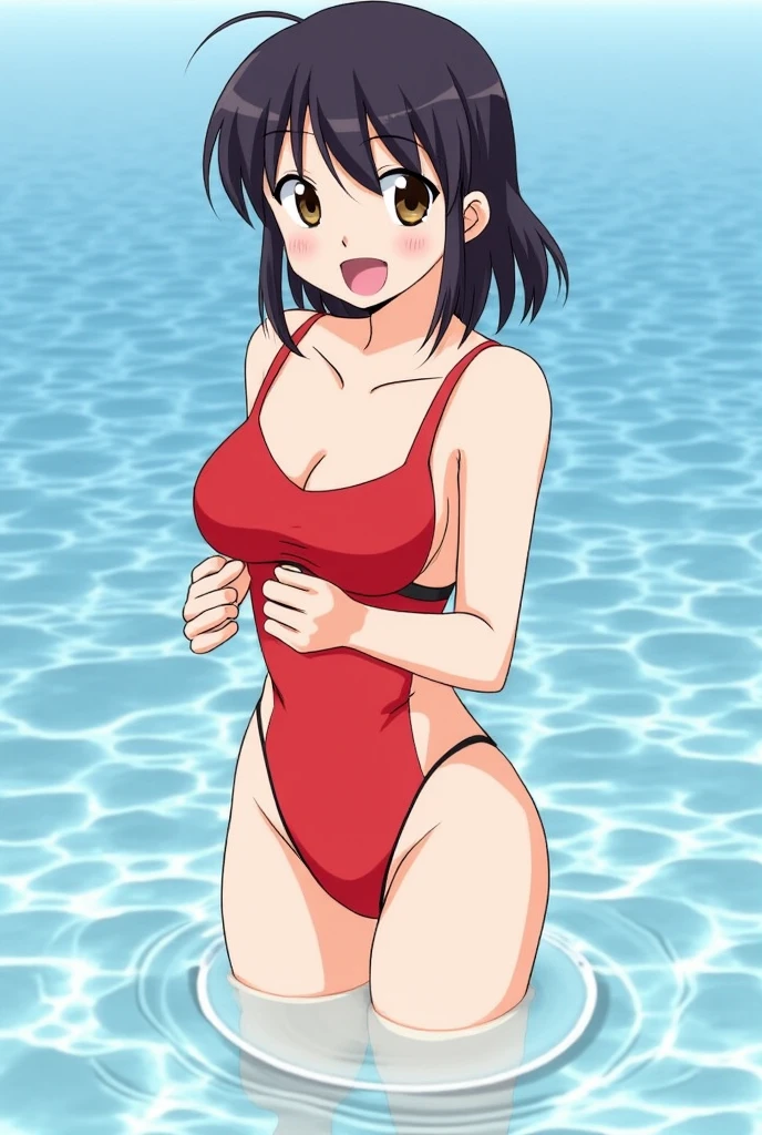 Anime, girl, girl in a swimsuit, girl in a swimsuit with a tube that is inserted into a swimsuit, pees, pees herself, pees with yellow urine, pees into a tube that is inserted into a swimsuit, yellow urine flows from a tube that is inserted into a swimsuit, urine flows into the pool, bright yellow urine dissolves in the pool