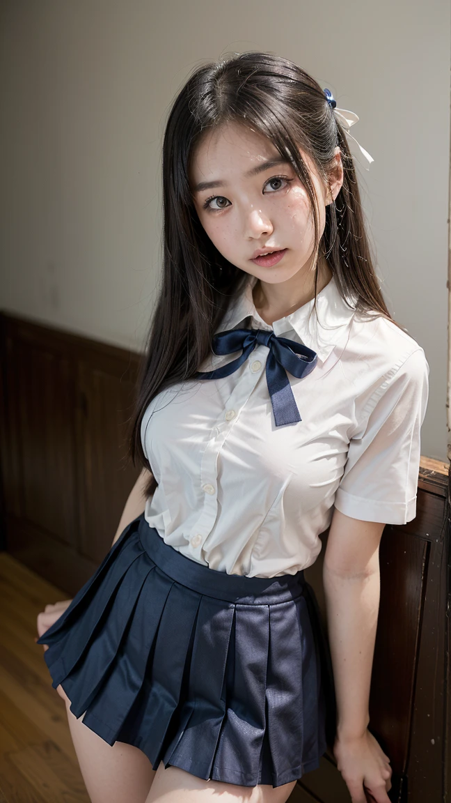 top-quality、masterpiece、超A high resolution、(Photorealsitic:1.4)、Raw photo、女の子1人、Brown hair with bangs、drooing eyes、thin-waist、Colossal tits、Japan schoolgirl sailor suit、Black miniskirt、Inside the classroom、slim figure、Light smile with visible teeth