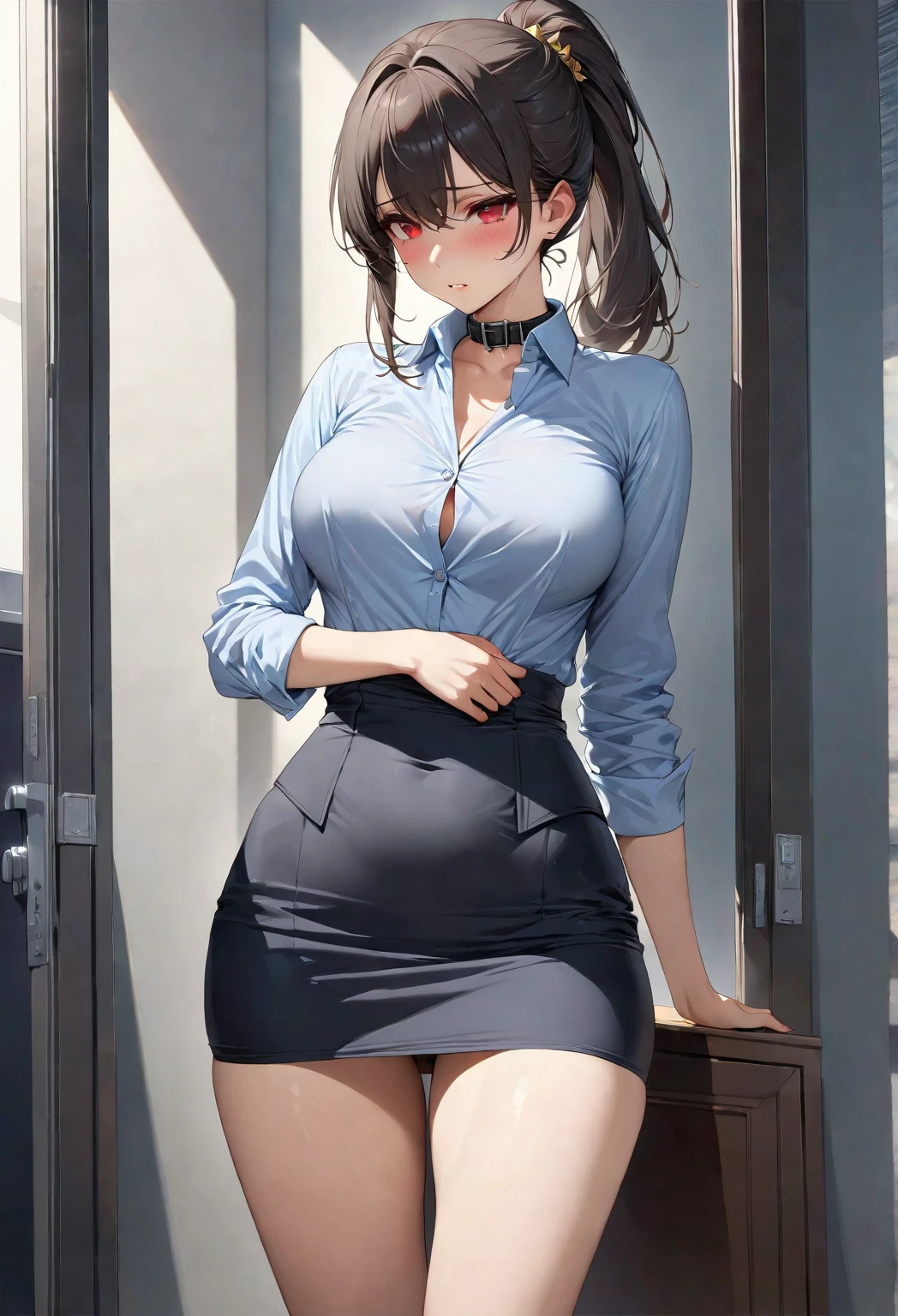 a woman in the office room, a white wall, a grey table, plants, window, sexy poseasterpiece))), ((best quality)), ((intricate detailed)), ((Hyperrealistic)), absurd res, milf, mature woman, perspective, highly detailed, illustration, 1girl, ((big breasts)), perfect hands, detailed fingers, beautiful detailed eyes, short hair, brown eyes, CEO, (business outfit:1.2), open office shirt, tight skirt, black choker, earrings, stockings, detailed background, bedroom, perfect eyes, seductive eyes, looking at the viewer, from below