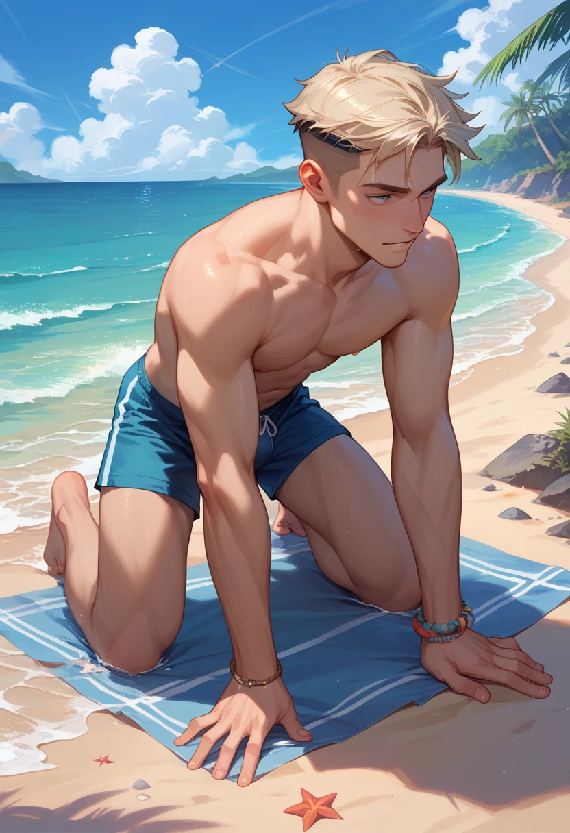 beach, dimitrisummer, 1boy, solo, blonde hair, short hair, hair between eyes, black visor, blue sea cape, black pants, Sitting, On the floor, (Split Horizon), stretch, (horizontal splits), stretch regs, hands on floor
