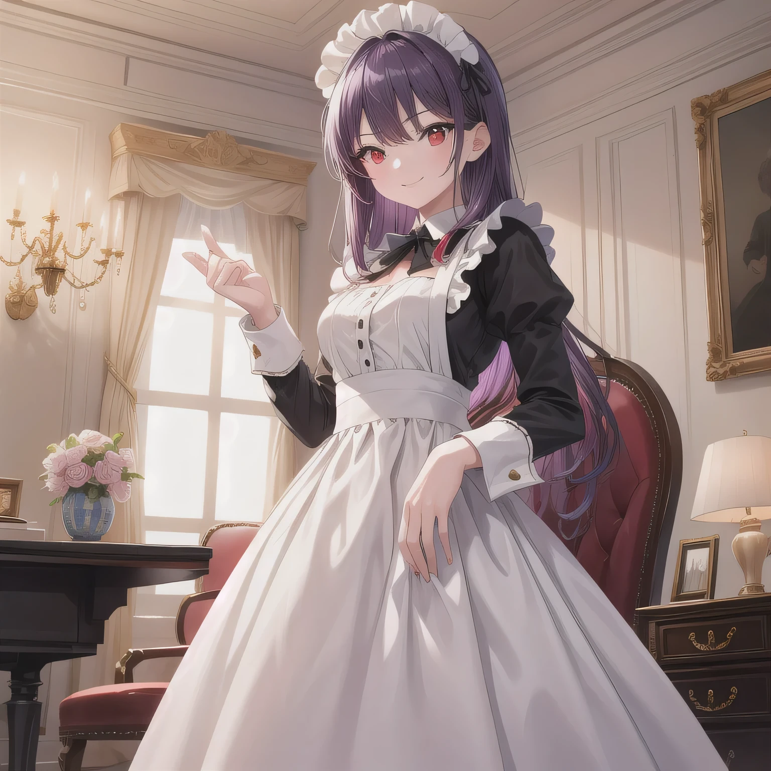 A breathtakingly beautiful 20-year-old woman stands in an opulent mansion room, dressed in a classic black-and-white maid outfit with a short hem and a white brim cap. Her confident smile radiates warmth. The room features elegant furnishings and decor befitting a grand estate, bathed in soft, natural lighting that enhances the sophisticated ambiance. purple Hair, Long Hair, (red Eyes:1.5).