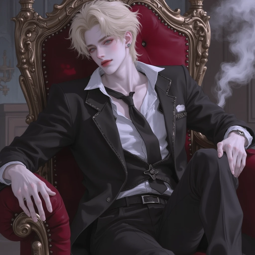 light yellow hair, there is a man sitting on a king throne cross legs in a castle, sakimichan, cai xukun, inspired by Zhang Han, handsome anime pose, sakimichan frank franzzeta, delicate androgynous prince, beautiful androgynous prince, inspired by Yanjun Cheng, anime handsome man, (sfw) safe for work, black suit, tattoo's