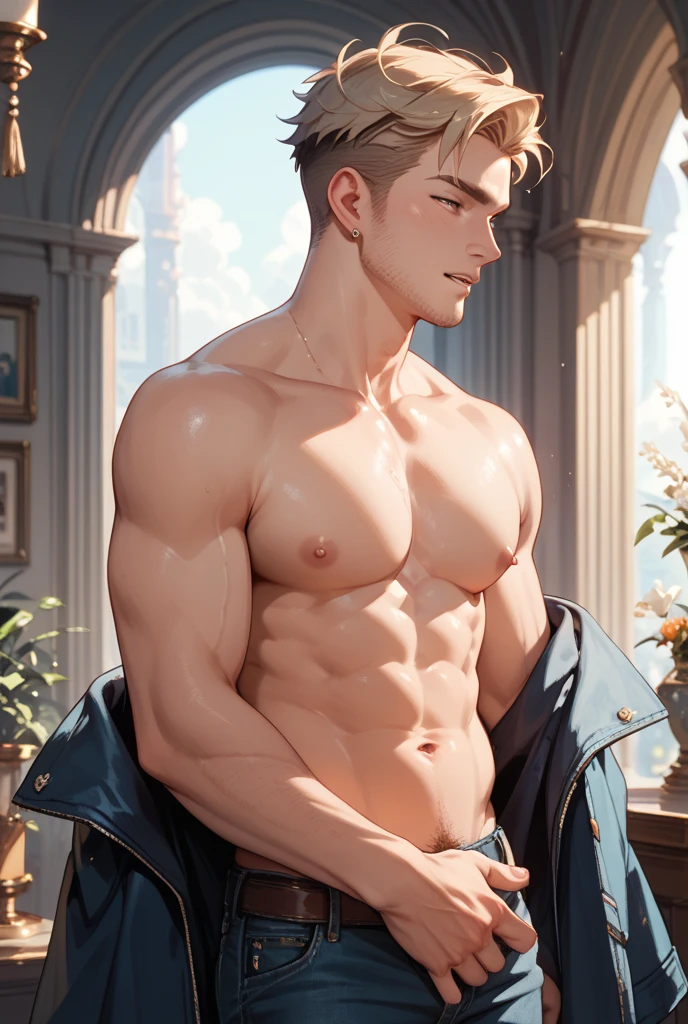((the best quality)), ((Masterpiece)), (details), perfect face, high definition, Masterpiece,4k,details clearly, Handsome face, white skin, perfect body, male body, strong muscles, abdomen, blue eyes, white skin, The most handsome man in the world, handsome, The coolest face, Male characters, close image (1man, shirtless), young man, mischievous smile, Extremely muscular tall man, open your eyes ((detailed eyes)), huge, muscular body and Massive, bulging pecs, muscular abs, narrow waist, short hair, blue eyes, delicate big eyes, carefree expression, clear face, handsome (detailed face, perfect face) ((extremely realistic shadows, bodybuilding posture, human, ((22-year-old young man)), V shape, athletic pants, athletic, Shirtless, Sunlight, Street wall, lower pants, topless, sit on the floor, straight angle, Stretch your legs, hold your knee, back leaning against the wall, sneakers, angle look, close up look, CG sense, POV perspective, spread their legs, action pose, Elevation viewing angle, 8K,Cinematic lighting effects, Textured skin, the best quality, Storytelling images