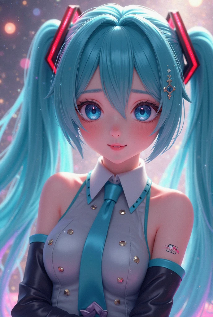 (((1girl))), (((Waifu, VOCALOID, Miku Hatsune Waifu))), (((Long Hair, Twintails Hair))), ((Cyan Eyes eyes:1.3, Upturned Eyes: 1, Perfect Eyes, Beautiful Detailed Eyes, Gradient eyes: 1, Finely Detailed Beautiful Eyes: 1, Symmetrical Eyes: 1, Big Highlight On Eyes: 1.2)), (((Lustrous Skin: 1.5, Bright Skin: 1.5, Skin Fair, Shiny Skin, Very Shiny Skin, Shiny Body, Plastic Glitter Skin, Exaggerated Shiny Skin, Illuminated Skin))), (Detailed Body, (Detailed Face)), (Best Quality), Shirt, Loose Skirt, Garter Belt, Stockings, High Resolution, Sharp Focus, Ultra Detailed, Extremely Detailed, Extremely High Quality Artwork, (Realistic, Photorealistic: 1.37), 8k_Wallpaper, (Extremely Detailed CG 8k), (Very Fine 8K CG), ((Hyper Super Ultra Detailed Perfect Piece)), (((Flawlessmasterpiece))), Illustration, Vibrant Colors, (Intricate), High Contrast, Selective Lighting, Double Exposure, HDR (High Dynamic Range), Post-processing, Background Blur, Inky Shadows, Darker Shadows, Thick Shadows, High Quality Shadows, high detail, realistic, Cinematic Light, sidelighting, Lens Flare, Ray tracing, sharp focus,