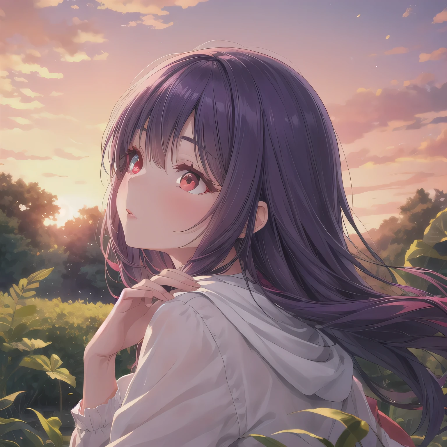 A breathtakingly beautiful 20-year-old woman stands in a lush green park at sunset, bathed in the warm golden light of the evening sun. Facing forward, her eyes gently closed, cheeks slightly flushed, and her face tilted upward as if anticipating a kiss, she embodies serenity and romance. The soft hues of the sunset complement the tranquil surroundings, enriching the dreamy atmosphere. purple Hair, Long Hair, (red Eyes:1.5).