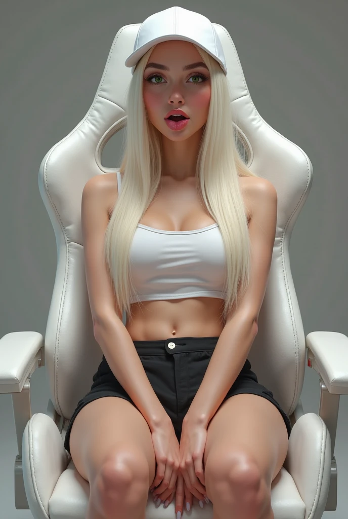 Chica de piel blanca, cabello rubio platino, Ojos azul claro, muy atractivo, cuerpo muy delgado, desnudo, sin sujetador, Sin bragas, Cabello largo, Cola de caballo, desnudo, con auriculares, mejores detalles del cuerpo, damp skin, cuerpo completo, piernas abiertas, suelas a la camara, primer plano de sus plantas , sonrisa sexy, Auriculares rojos, Sentado en una silla de jugador, suelas perfectas, pies con 5 dedos, The soles focus the soles on the camera., piernas elevadas