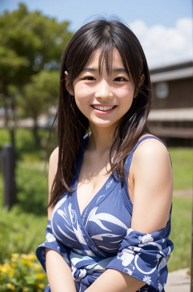 A very cute face like an idol、like々A 19-year-old woman with a cute face、Gentle and cute、A kind smile、(((Japanese Yukata)))、Sitting on a bench at a festival、Cleavage、(Full body portrait)、RAW Photos、Genuine、High resolution