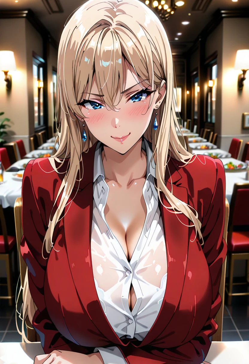 (masterpiece, best quality:1.2), 1girl, blonde hair, large breasts, choker, Red bunny ears, Red playboy suit, upper body, indoors, lights, Sit, (perfect detailed anatomy, beautiful detailed face&eyes:1.5, shiny skin, perfect sharp body)