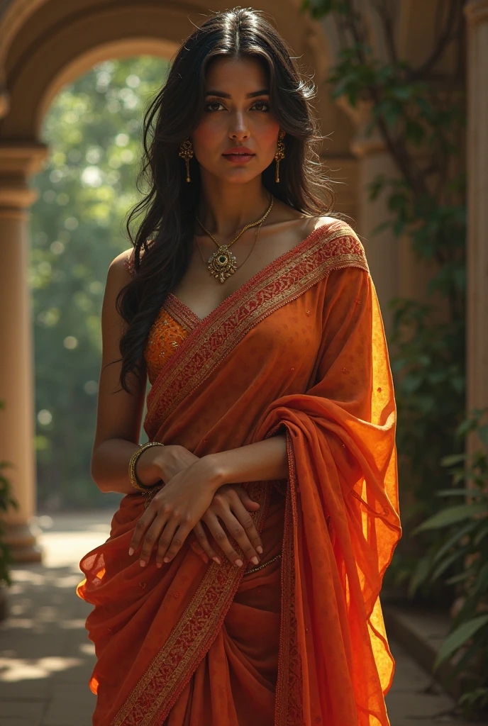 Imagine a Indian woman wearing saree with big curves