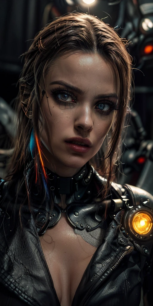 A cute fashion model (age 25, crazy hair, trendy makeup, sci fi leather club outfit, many blinking lights and gadgets), displaying her cyberpunk club wear, fashion show on the runway, full body shown
