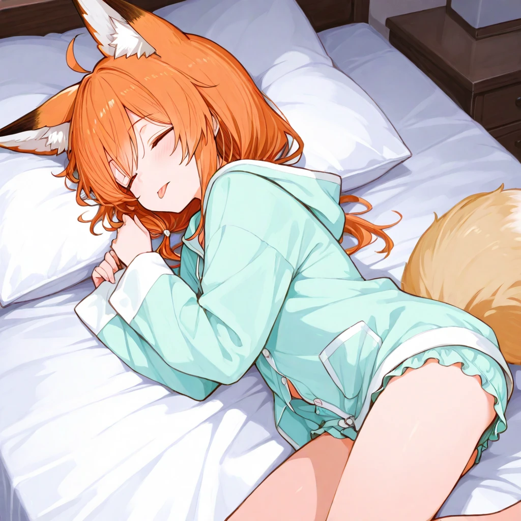 ((girl)), ((brown eyes)), ((long messy orange hair)), ((a small nervous smile)), ((blush)), ((lying on a bed with blankets and pillows spread out)), ((Shirt big)), ((large white shirt)), ((flat chest)), ((black nails)), ((tall)), ((Eight fox tails)), ((fox ears)), ((Kitsune)), ((shirt-covered body)), perfect anatomy, firm breasts , perfect hands, defined and beautiful body, beautiful