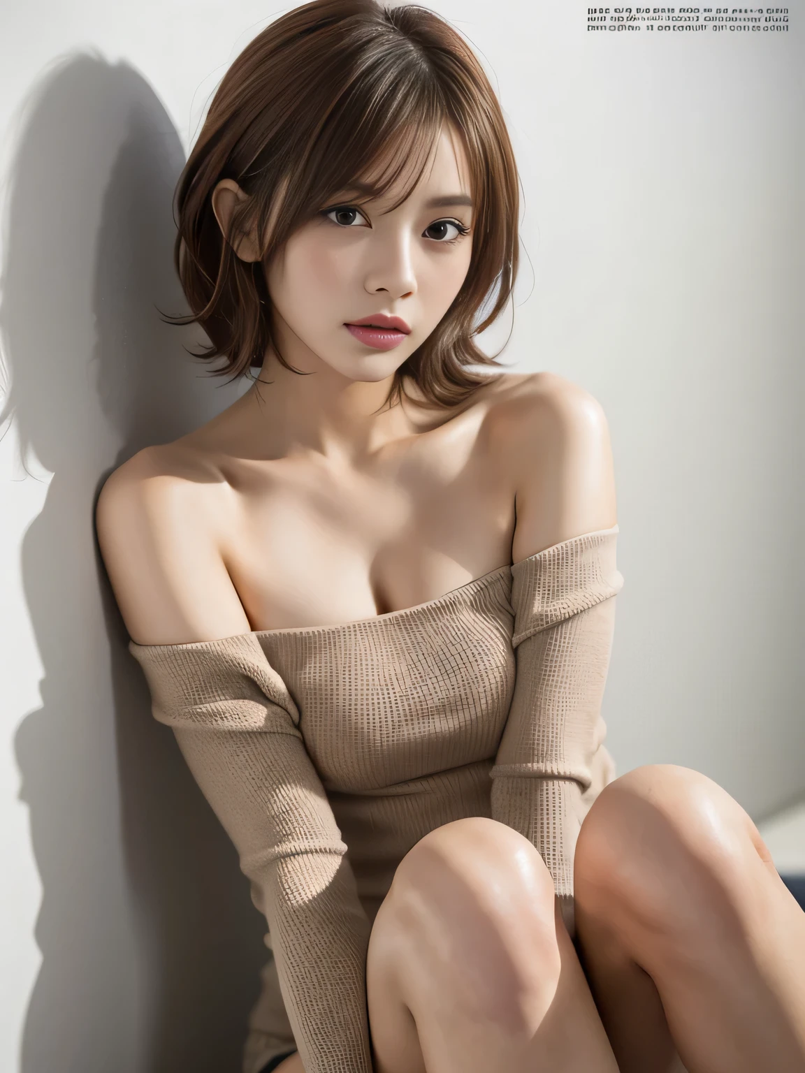 (Best quality, 8k, 32k, Masterpiece, UHD:1.2),Photo of Pretty Japanese woman, large breasts, very short bob hair,upper body,face focus,oversized_sweater, necklace, simple background, from above, looking at viewer, --auto