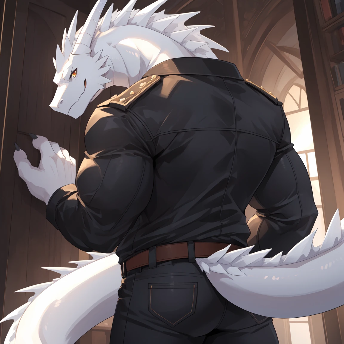 ultra-detailed, masterpiece, masterwork, high quality, best quality, hdr, (prison), posted on e621, (by hioshiru), nsfw, male, solo, (white little body dragon), hairy dragon, (long silver hair, yellow eyes, angry, white chubby body), from below, dynamic angle, (nude, foreskin, perfect balls, restrained, shackles), stain body,