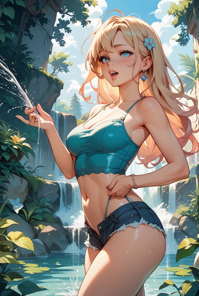 Best quality, masterpiece, ultra high res, detailed background, realistic, 1girl, solo, female, muscular, mature female, Straight hair, yellowish blonde, medium length, hair strands hanging on the right side of face, makeup, eye shadow, standing on a rock, legs open, showing panties, seductive scene, white sticky swimsuit outfit, wet breasts, open mouth, serious face, sexy beak, beautiful eyes, well done, blue eyes (clear), bright knots eyes, erotic expression, forest, waterfall, real shadow and light, depth of field, huge large breasts, torn clothes, torn bra, uderboob, looking at the viewer, strong wind in the face, strong wind in the hair, loose hair, Miku Nakano, Konosuba, sweaty, wet, sexy, flushed, embarrassed, moaning, ((thick white liquid on the breasts)), ((very sweaty)) ((the body is dripping wet)) ((wet thighs)), ((spreading thighs)), no mistakes, well detailed, extremely well done, eyes well drawn, eyes well made, face well drawn, ((no art error)), elf ear