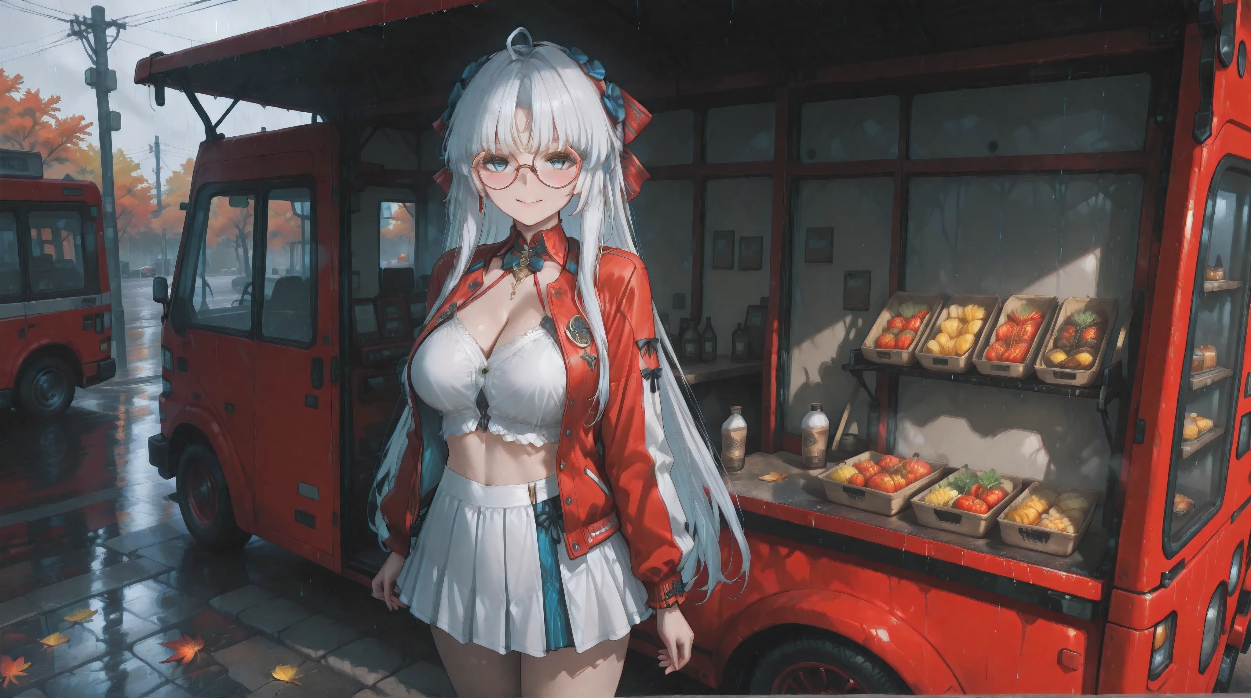 (NSFW:1.1), A Realistic image, extremely sharp focus, crisp details, high resolution, 4K, 8K, low light, ray tracing, cinematic, fashion photography. (correct anatomy, detailed hands, perfect hands, five fingers). A wide angle shot, side view, a detailed, high quality rendering of Carlotta (carlottavp2) from Wuthering Waves. She wears beautiful, detailed round eyeglasses, she wears a white crop top, varsity jacket and miniskirt. She has a beautiful large breasts. She has a beautiful face details, a beautiful detailed blue eyes, white long hair and a real human skin, her expression is happy and she looks at the viewer. She's standing in front of a food truck. Rain, autumn, dramatic cold soft light casting soft natural shadows, cold and warm color pallete. the background has highest detail, detailed background and depth of field.