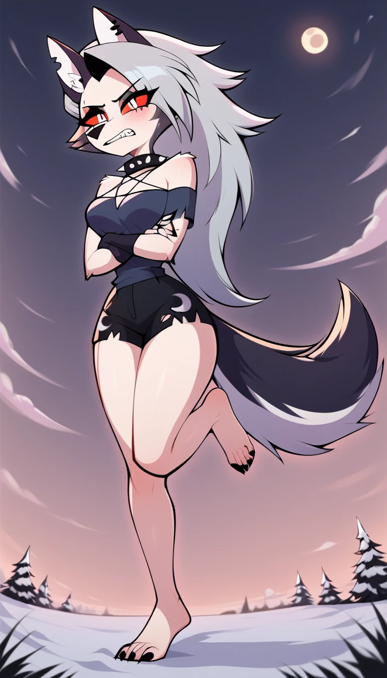 (((highly detailed, high quality, masterpiece, beautiful))), (((full shot))), (((full body view))), (((front body))), (((front view))), Loona, (((by carsen, by JMG))), solo, (((mature female))), (((mommy female))), (((athletic female))), (((taller female))), (((large body))), (((voluptuous body))), sensual body, curvy figure, curvaceous, absurd res, hi res, Candid, canine, canis, wolf, mammal, (((white body))), white fur, white inner ear, black ears, dark grey tuft cheeks, dark grey shoulders, dark grey top tail, grey hair, (((red sclera))), white eyes, black eyebrowns, black nose, black claws, wolf ear, long Ears, notched ear, narrow eye, thick eyebrowns, (((raised inner brow and brow lowed eyebrown))), eyelashes, eyeliner, Big nose, (long snout), (((Tuft cheeks))), (((facial tuft, long cheeks))), long hair, fluffy hair, lock of hair on the forehead covering the right eye, hair over eye, one eye obstructed, (((large breasts))), soft abd, (((large back))), humanoid feet, humanoid hands, 5 fingers, 5 toes, claws, (((busty))), (((long tail))), fluffy tail, wide hips, (((large hips))), (((Big ass))), (((large ass))), (((bubble ass))), (((soft ass))), (((thick thighs))), huge thighs, (((large thighs))), (((large legs))), standing, plantigrade, cameltoes, (((feet detail))), signature, (((horny face))), smile, (((looking at viewer))), (((black highleg one piece swimsuit latex))), (((cleavage))), in a spaceship next to a large window space